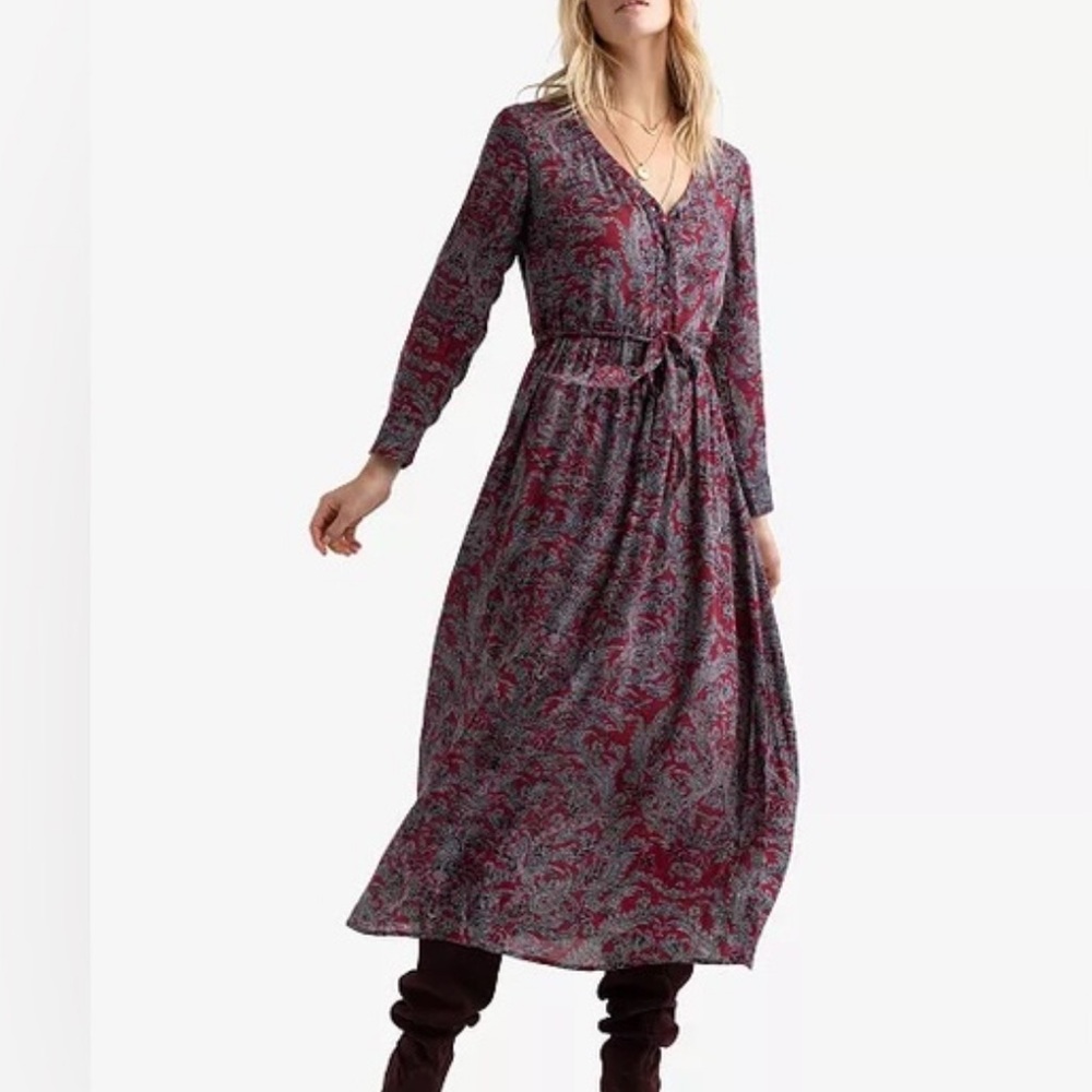 Lucky Brand Burgundy and Gray Long Sleeve Paisley Maxi Dress